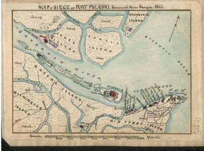 Mapa oblężenia Fortu Pułaskiego - rzeka Savannah w stanie Georgia. 1862. LOC gvhs01.vhs00085 autorstwa Robert Knox Sneden