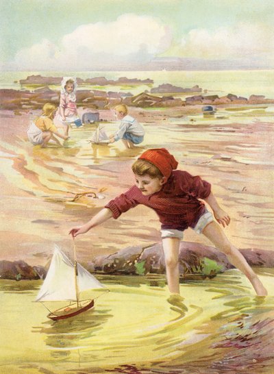 Jego nowa łódka - chłopiec bawiący się zabawkową łódką na plaży (kolor lito) autorstwa Robert Lillie
