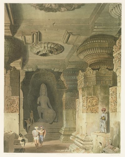 Wnętrze świątyni jaskiniowej Indry Subba w Ellora, z tomu II Scenery, Costumes and Architecture of India, narysowane przez Davida Robertsa (1796-1864) wyryte przez Thomasa Kearnana (fl.1821-50) i grawerowane autorstwa Robert Melville Grindlay