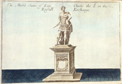 Marmurowa statua króla Karola II (1630-1685) na Royal Exchange, z "Księgi perspektyw niezwykłych miejsc w City of London i wokół niego", ok. 1700 (rycina) autorstwa Robert Morden
