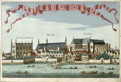 Westminster ukazujący opactwo, halę i budynek parlamentu, z „Księgi perspektyw niezwykłych miejsc w londyńskim City i wokół niego”, c.1700 autorstwa Robert Morden