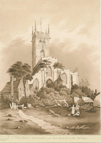 Wolverhampton - Kościół św. Piotra: rysunek w sepii, 1838 r. autorstwa Robert Noyes