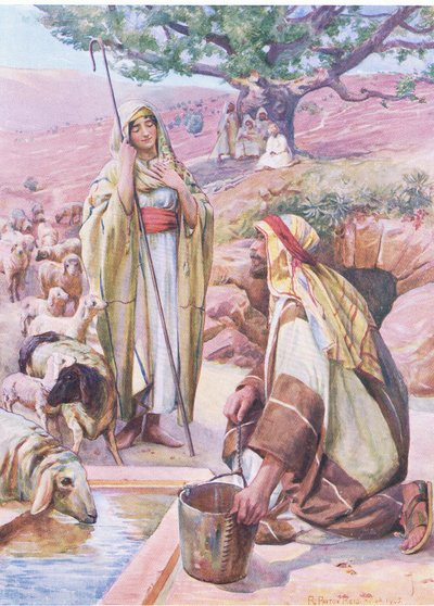 Rachel przy studni, z The Bible Picture Book wydanej przez Thomasa Nelsona, ok. 1950 autorstwa Robert Payton Reid