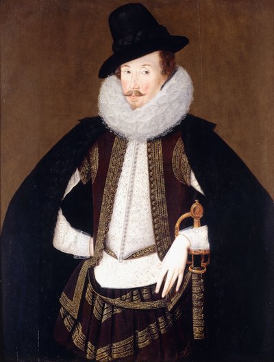 Portret sir Charlesa Cornwallisa, w czarnym płaszczu obszytym futrem, białym i brązowym dublecie, złotej haftowanej kamizelce, autorstwa Robert Peake