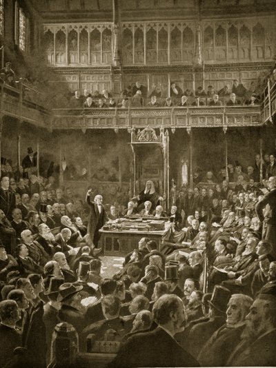 Meina Gladstone wprowadzająca ustawę o zasadach samodzielności, luty 1893 r. autorstwa Robert Ponsonby Staples