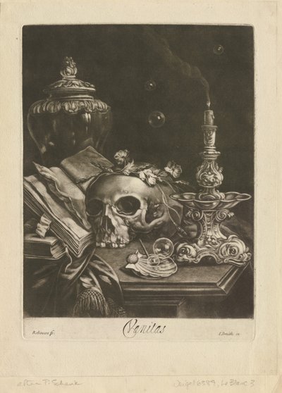 Martwa natura Vanitas, c.1685-88 (mezzotinta z grzebieniami) autorstwa Robert Robinson