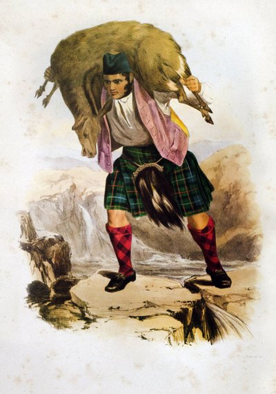 Wojownik szkockiego klanu Mac Rae z owcą na ramionach - litografia Roberta Ronalda McIANa z "The Clans of The Scottish Highlands" z 1845 r. autorstwa Robert Ronald McIan
