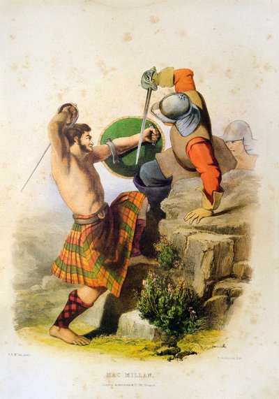 Szkocki wojownik Mac Millan walczący mieczem w kilcie i boso - litografia Roberta Ronalda McIana z "The Clans of The Scottish Highlands" z 1845 r. autorstwa Robert Ronald McIan