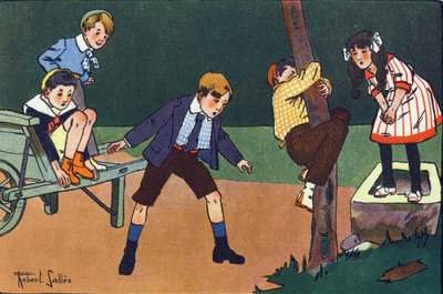 Okoń dla kota. Grawerowanie w „” W co gramy? „” E. Webera z rysunkami akwarelowymi Roberta Sallesa (1871-1929). Biblioteka Garnier Freres, Paryż autorstwa Robert Salles