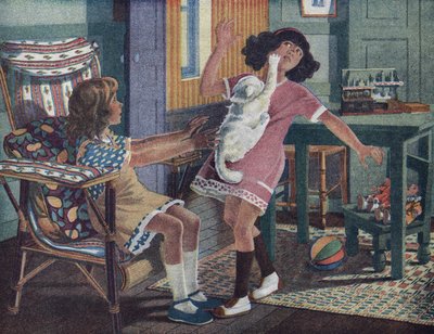Mały kot Annette: biały kot drapie twarz małej dziewczynki bawiącej się z przyjaciółką. Ilustracja Roberta Sallesa (1871-1929) w „Je sais Lire”. autorstwa Robert Salles