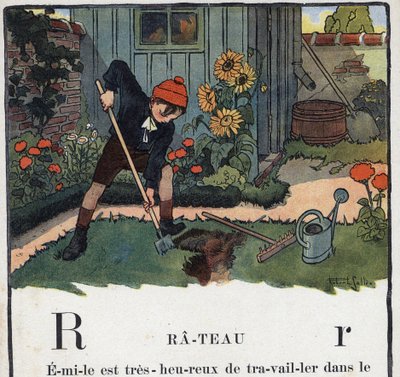 Książka dla dzieci „”Przeczytam – Alfabet metodyczny i zabawny taty””” 1926. Ilustracja Roberta Sallesa (1871-1929). Abecedaire: litera R jako Rake. Ogród chłopca w ogrodzie jego domu. autorstwa Robert Salles