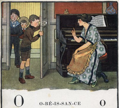 Książka dla dzieci „”Przeczytam – Alfabet metodyczny i zabawny taty””” 1926. Ilustracja Roberta Sallesa (1871-1929). Abecedary: litera O jako Posłuszeństwo. Matka beszta swoich chłopców. autorstwa Robert Salles