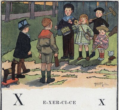 Książka dla dzieci „”Przeczytam – Alfabet metodyczny i zabawny taty””” 1926. Ilustracja Roberta Sallesa (1871-1929). Abecedary: litera X jako Ćwiczenie. Dzieci bawią się w wojsko. autorstwa Robert Salles