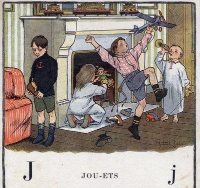 Książka dla dzieci „”Przeczytam – Alfabet metodyczny i zabawny taty””” 1926. Ilustracja Roberta Sallesa (1871-1929). Abecedaire: litera J jako zabawki. Dzieci otrzymały zabawki w swoich butach i bawią się nimi. Jedno z dzieci nie dostało prezentu w hi autorstwa Robert Salles
