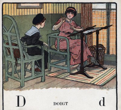 Książka dla dzieci „”Przeczytam – Alfabet metodyczny i zabawny taty””” 1926. Ilustracja Roberta Sallesa (1871-1929). Abecedary: litera D jako palec. Matka wyjaśnia synowi haft. autorstwa Robert Salles