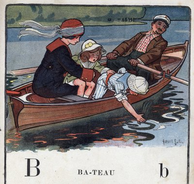 Książka dla dzieci „”Przeczytam – Alfabet metodyczny i zabawny taty””” 1926. Ilustracja Roberta Sallesa (1871-1929). Abecedaire: litera B jako łódź. Rodzina na łodzi idzie na spacer. autorstwa Robert Salles