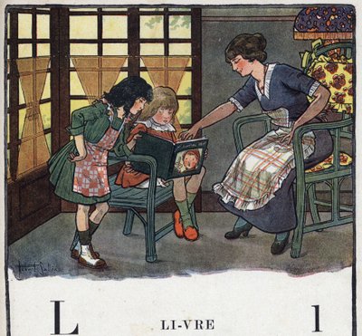 Książka dla dzieci „”Przeczytam – Alfabet metodyczny i zabawny taty””” 1926. Ilustracja Roberta Sallesa (1871-1929). Abecedary: litera L jako Książka. Matka uczy córkę czytać. autorstwa Robert Salles