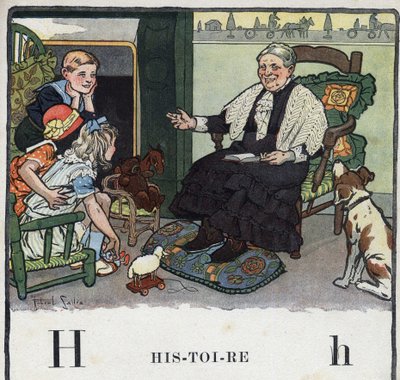 Książka dla dzieci „”Przeczytam – Alfabet metodyczny i zabawny taty””” 1926. Ilustracja Roberta Sallesa (1871-1929). Abecedaire: litera H jako historia. Babcia przy kominku opowiada wnukom historie. autorstwa Robert Salles