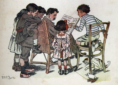 Książka dla dzieci „”Przeczytam – Alfabet metodyczny i zabawny taty””” 1926. Ilustracja Roberta Sallesa (1871-1929). Ojciec rodziny uczy dzieci czytać. autorstwa Robert Salles