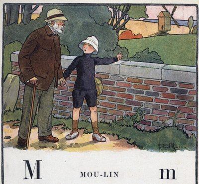 Książka dla dzieci „”Przeczytam – Alfabet metodyczny i zabawny taty””” 1926. Ilustracja Roberta Sallesa (1871-1929). Abecedaire: litera M jako Moulin. Chłopiec spaceruje ze swoim dziadkiem. Wskazuje na wiatrak. autorstwa Robert Salles