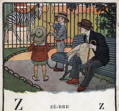 Książka dla dzieci „”Przeczytam – Alfabet metodyczny i zabawny taty””” 1926. Ilustracja Roberta Sallesa (1871-1929). Abecedaire: litera Z jako Zebre. Dzieci z obręczą patrzą na zebrę w zoo. autorstwa Robert Salles