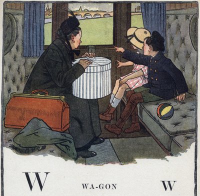 Książka dla dzieci „”Przeczytam – Alfabet metodyczny i zabawny taty””” 1926. Ilustracja Roberta Sallesa (1871-1929). Abecedaire: litera W jako Wagon. W przedziale pociągu podróżuje dwoje dzieci z mamą. autorstwa Robert Salles