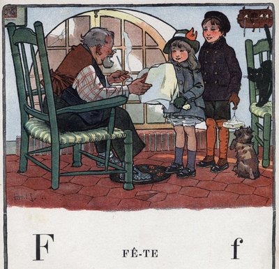 Książka dla dzieci „”Przeczytam – Alfabet metodyczny i zabawny taty””” 1926. Ilustracja Roberta Sallesa (1871-1929). Abecedaire: litera F jako Fete. Dziewczyna i chłopak oferują prezenty na przyjęcie dziadka. autorstwa Robert Salles