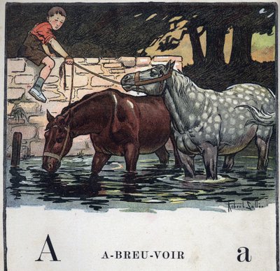 Książka dla dzieci „”Przeczytam – Alfabet metodyczny i zabawny taty””” 1926. Ilustracja Roberta Sallesa (1871-1929). Abecedary: litera A jako woda pitna. Dwa konie piją wodę. autorstwa Robert Salles