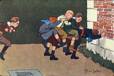 Koń stopił się (podczas skoku musisz przeskoczyć kalifurchon na grzbiet innego dziecka, nie pukając innych). Grawerowanie w „” W co gramy? „” E. Webera z rysunkami akwarelowymi Roberta Sallesa (1871-1929). Biblioteka Garnier Frere autorstwa Robert Salles