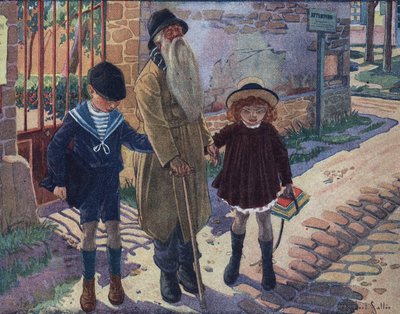 Kij niewidomych: dwoje dzieci pomaga niewidomemu staruszkowi chodzić. Ilustracja Roberta Sallesa (1871-1929) w „Je sais Lire”. autorstwa Robert Salles