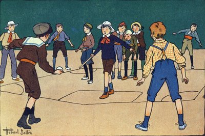 Theque (gra zespołowa z piłką i kijem). Grawerowanie w „” W co gramy? „” E. Webera z rysunkami akwarelowymi Roberta Sallesa (1871-1929). Biblioteka Garnier Freres, Paryż autorstwa Robert Salles