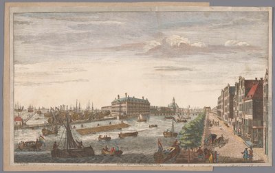Gezicht op het Admiraliteitsmagazijn te Amsterdam Widok Admiralicji w Amsterdamie, należących do niej magazynów, nabrzeży i doków oraz Kompanii Wschodnioindyjskiej Holandii (tytuł na obiekcie) autorstwa Robert Sayer (possibly)
