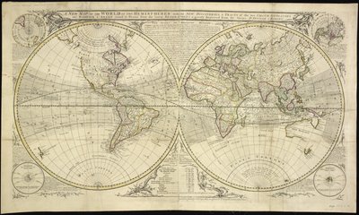Nowa mapa świata na dwóch półkulach z nowymi odkryciami i traktatami dwóch Circum Navigators, a mianowicie Dampier i Anson wokół niej: zaczerpnięta z najnowszych Geografów i znacznie ulepszona z Sieurs D