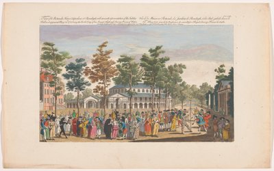 Widok rotundy w Ranelagh Gardens w Londynie z balem maskowym z okazji urodzin księcia Walii 24 maja 1751 r. Widok na Rotundo, House & Gardens w Ranelagh, z dokładnym przedstawieniem balu jubileuszowego, ponieważ jest to autorstwa Robert Sayer