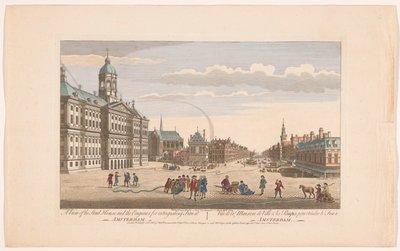 Widok ratusza w Amsterdamie ze strażakami na placu Dam Widok na Stad House i maszyny do gaszenia pożaru w Amsterdamie (tytuł na obiekcie) Holandia (tytuł serii) autorstwa Robert Sayer
