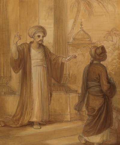 Ilustracja do wschodniego romansu, prawdopodobnie „Baśni i jednej nocy”, z dwoma stojącymi postaciami męskimi autorstwa Robert Smirke