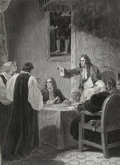 Biskupi przed Tajnym Soborem, 1688, rycina George Noble, ilustracja z „Historii Anglii” Davida Hume