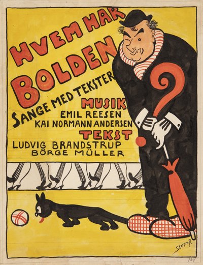 Układ strony tytułowej dla "Hvem har Bolden". Karykaturalny portret Carla Alstrupa autorstwa Robert Storm Petersen