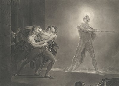 Hamlet, Horatio, Marcellus and the Ghost Shakespeare, Haml..., pierwsze wydanie 1796, wznowienie 1852. autorstwa Robert Thew