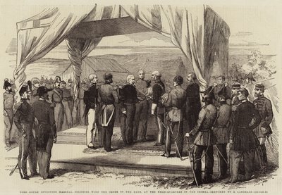 Lord Gough odznaczył marszałka Pelissiera Orderem Łaźni, w kwaterze głównej na Krymie autorstwa Robert Thomas Landells