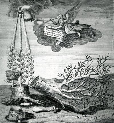 Druk emblematyczny nawiązujący do egzekucji Karola I i sukcesji Stuartów, 1715 r. autorstwa Robert Vaughan