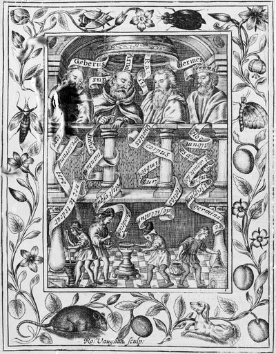 Wielcy alchemicy inspirują pracę w laboratorium z Theatrum Chemicum Britannicum, 1652 autorstwa Robert Vaughan