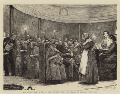 Nasi londyńscy biedacy, herbatka dla siedmiuset włóczęgów i żebraków w hali przy Moorgate Street autorstwa Robert Walker Macbeth
