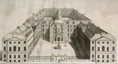 Widok z lotu ptaka na szpital Guys, Southwark, z figurami na dziedzińcu, grawerowanymi przez Williama Henry