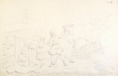 Lemminkäinen i Hiiden Hirvi ; Oryginalny rysunek do serii "Kalewala, Finsk National-dikt, framställd i teckningar af R.W.Ekman". autorstwa Robert Wilhelm Ekman