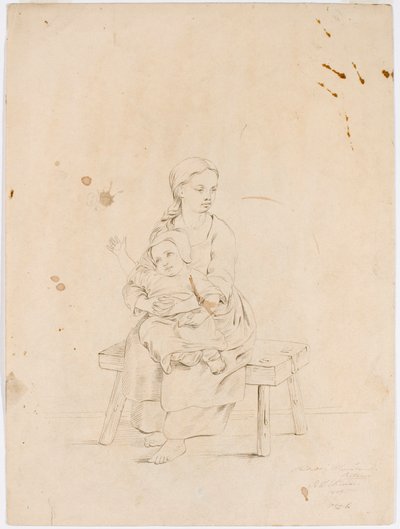 Młoda kobieta siedząca na ławce z małym dzieckiem w ramionach autorstwa Robert Wilhelm Ekman