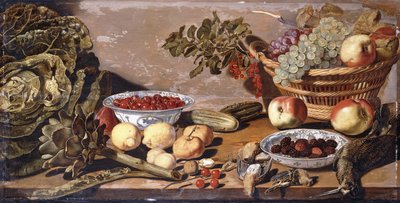 Miski wiśni i jeżyn, kosz winogron, jabłek i czerwonych porzeczek, kapusta, karczoch, cytryny, orzeszki Gerkins, inne owoce, martwy bekas i drozdy na stole autorstwa Robert Willemsz de Baudous