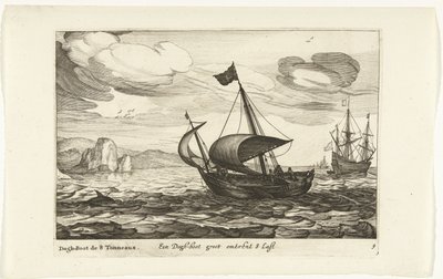 Dogger z psiego buta Een Dogh-boot groot about 8 Last / Dogh-Boot de 8 Tonneaux (tytuł na obiekcie) Hollandse scheepstypen, 1627 (tytuł serii) Różne statki Don ton se sert dans les Unies Prowincje / Ikony różnych holenderskich statków, których użycie jest  autorstwa Robert de Baudous (possibly)