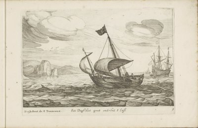 Dogger z psiego buta Een Dogh-boot groot about 8 Last / Dogh-Boot de 8 Tonneaux (tytuł na obiekcie) Różnorodne statki nie znajdują się na se sert dans les Provinces Unies / Ikony różnych holenderskich statków, które pływają głównie na wodach wewnętrznych r autorstwa Robert de Baudous (possibly)