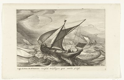 Promy fryzyjskie Vriesche Ferry statki duże około 38 Last / Cague de Frise. 38 Tonneaux (tytuł na obiekcie) Holenderskie typy statków, 1627 (tytuł serii) Diverse Navires Don ton se sert dans les Prowincje Unies / Icones Variarum Navium Hollandicarum autorstwa Robert de Baudous (possibly)